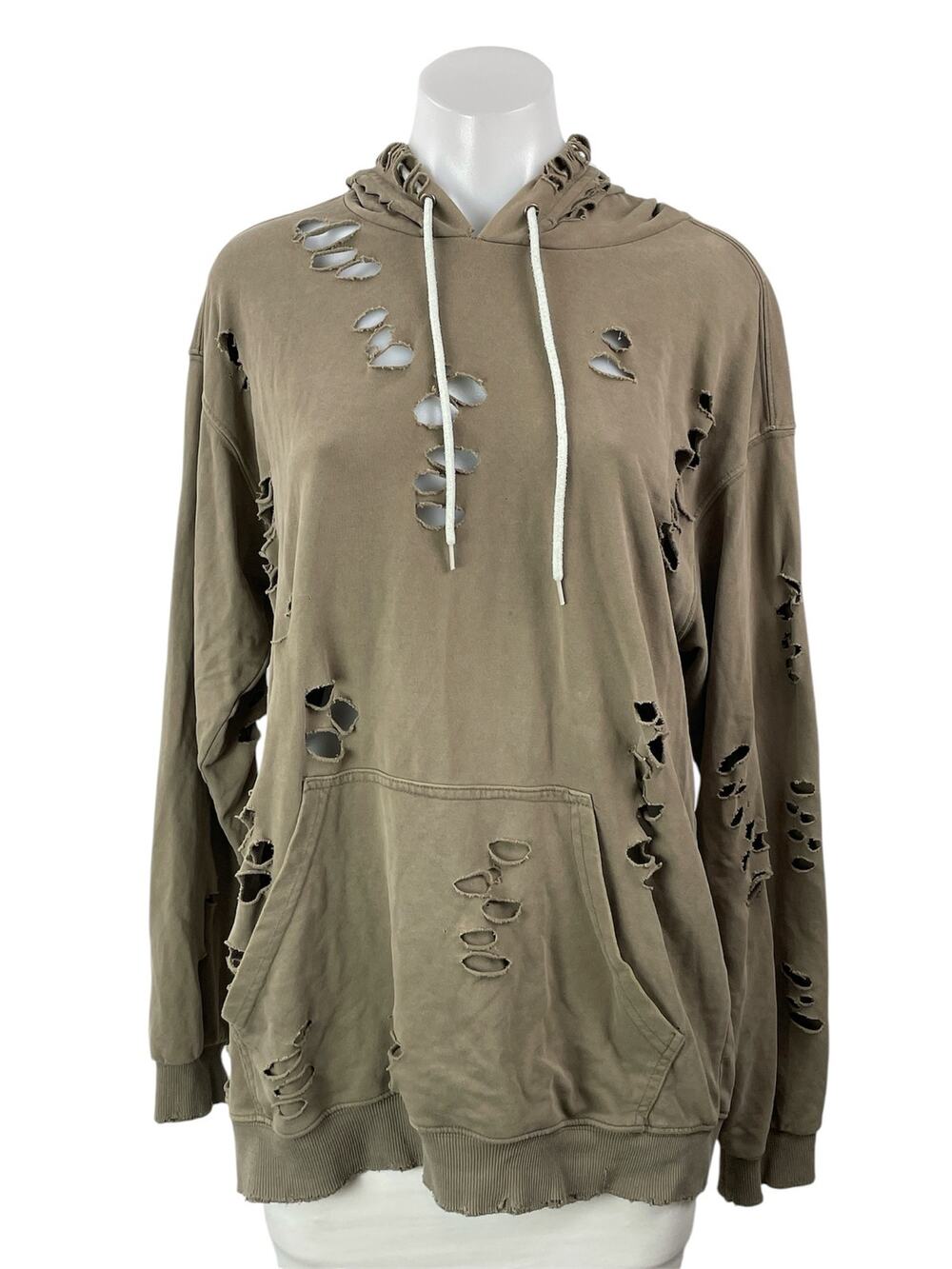 EMMA & SAM Brown Taupe Long Sleeves Distressed Hoodie Hooded Sweatshirt Size XS